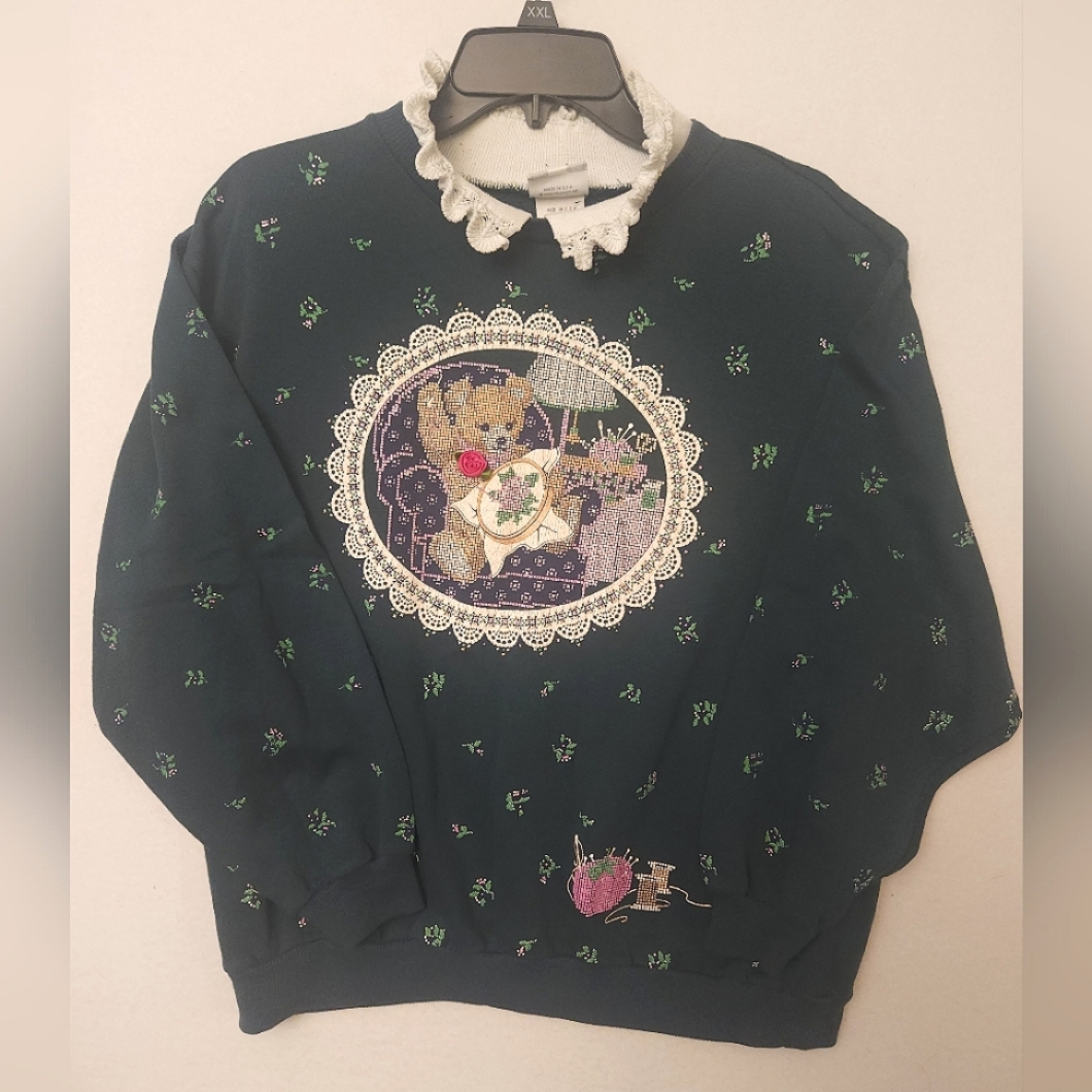 Vintage 80s Spumoni Collared Crew Neck Sweatshirt With Cross Stitch Teddy Bear